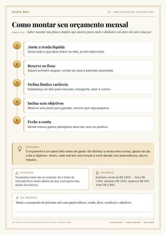 Página de um dos mapas: orçamento mensal